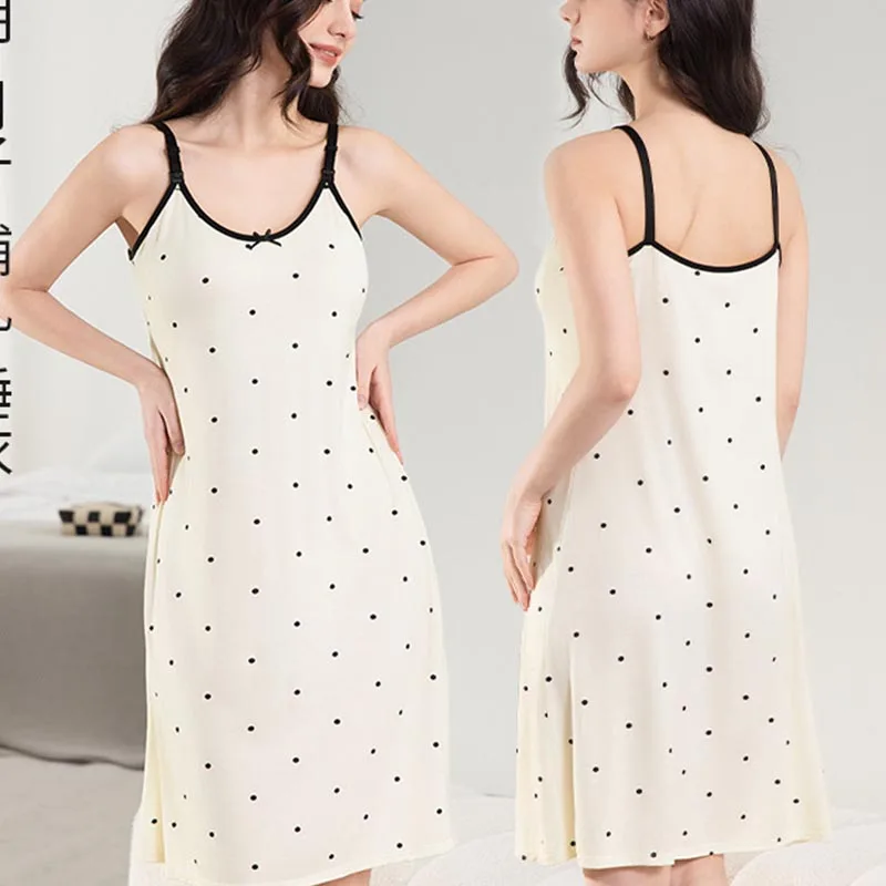 

Весенне-летнее платье макси для беременных с встроенными вкладышами, принтом в горошек, удобное для кормления, А-силуэт, с высокой эластичностью