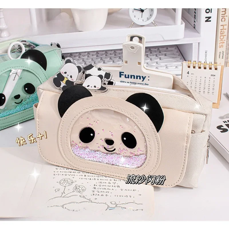 Cartoon Panda Flowing Sand Pencil Bag Korean Canvas Stationery Bag Student Learning Supplies Cute Pencil Bag Korean Stationery