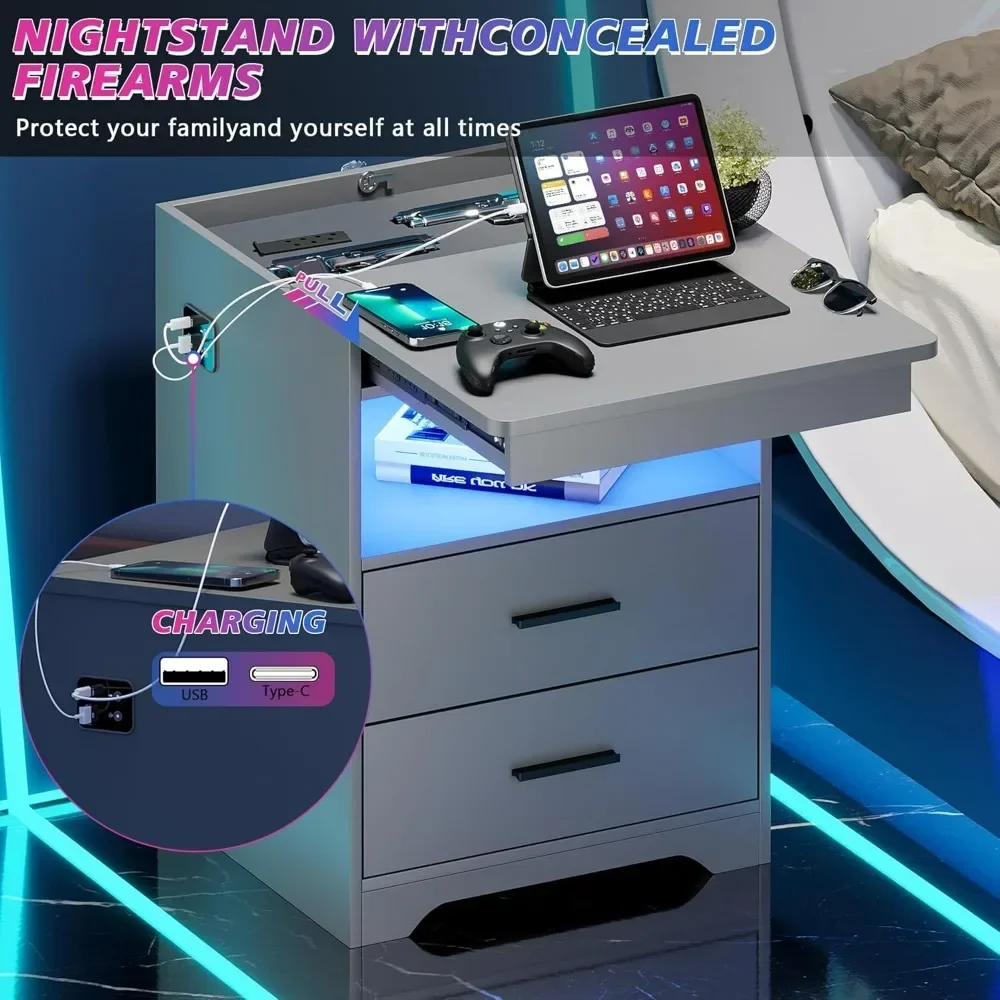 Nightstand with Lockable Drawer,3 Color LED Bedroom Table with Charging Station, Bed Side Tableside Bed Tables