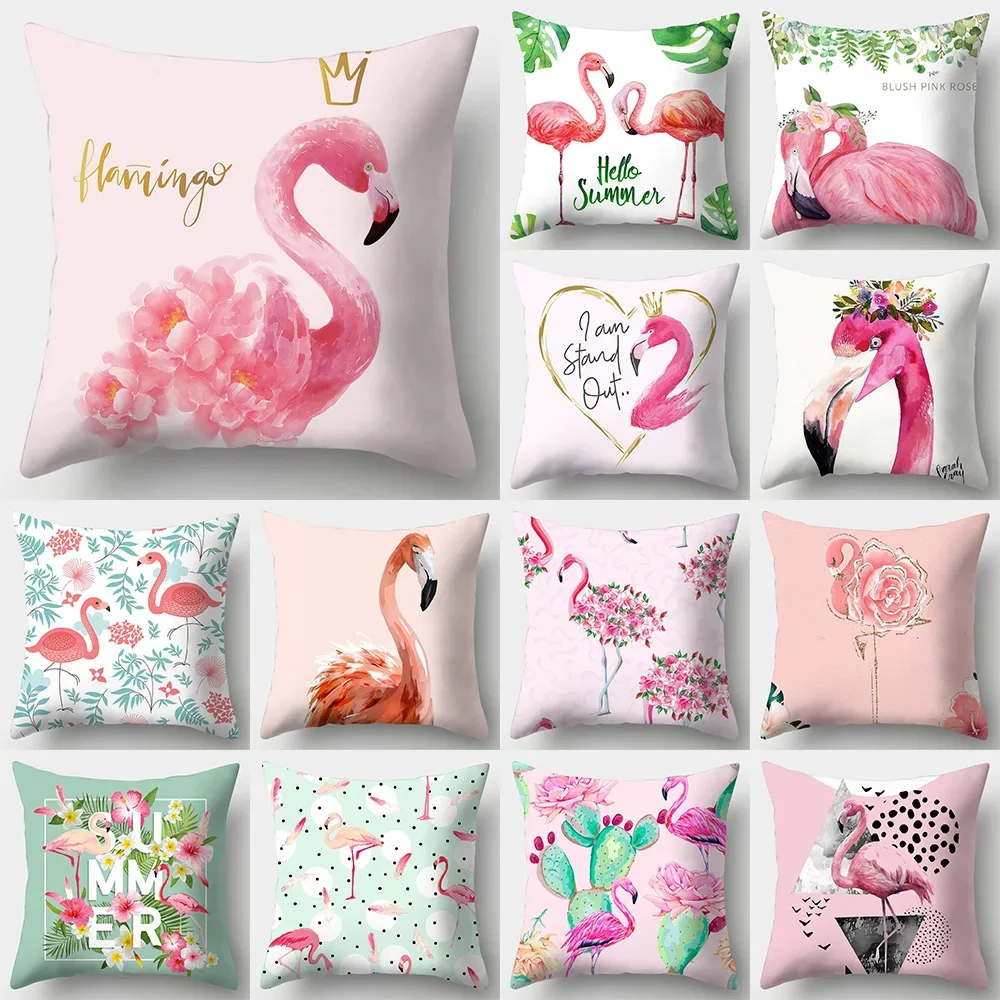 

Tropical green plants Flamingo printed pattern square cushion cover household living room sofa decoration pillowcase 45X45cm