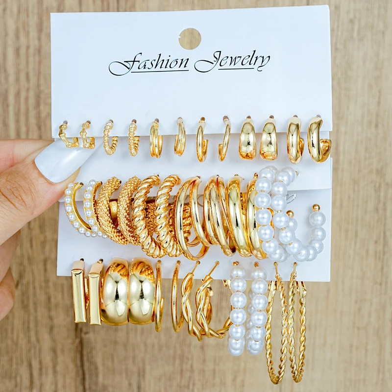 18 Pcs European and American Boho Hoop Earring Set for Women Gold Color Bohemia Vintage Minimalist Pearl Earring Jewelry Gifts