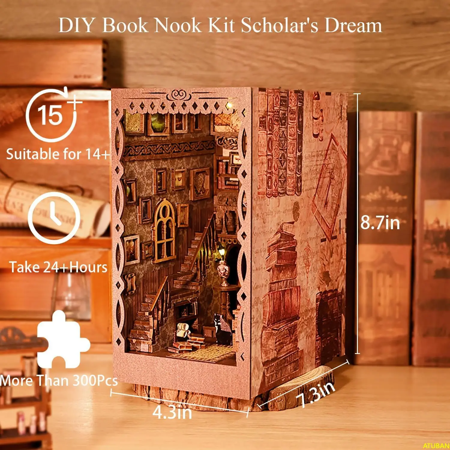 DIY Book Nook Kit with LED Light Bookends, Wooden Shelf Insert Kit, Miniature Building Kits, Dream Bookshelf, Gifts