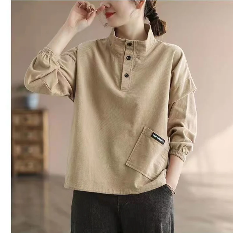 Fashion Stand Collar Button Pockets Corduroy Blouses Women\'s Clothing 2023 Autumn Winter Oversized Casual Tops Commuter Shirts