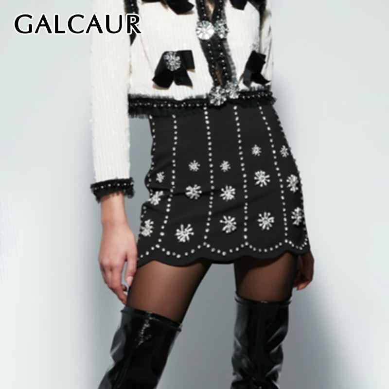 

GALCAUR Patchwork Diamonds Hit Color A Line Skirts For Women High Waist Spliced Zipper Elegant Slim Bodycon Mini Skirt Female