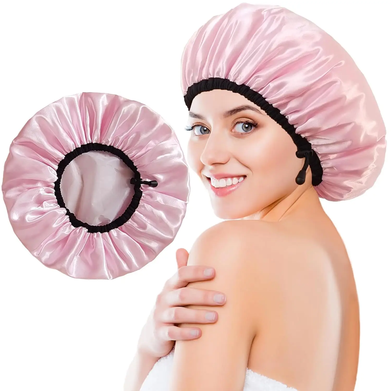

Shower Cap for Women, Large Shower Caps Reusable Waterproof with Elastic Band, Silky Satin Double-layer Bath Cap for Braids Long