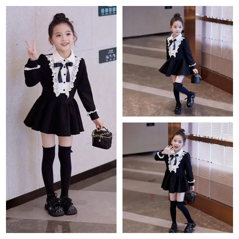 

Популярное кавайное модное платье для девочек, студенческое весенне-осеннее повседневное кружевное топы с длинными рукавами и лацканами с героями мультфильмов, юбка трапециевидной формы, детская одежда