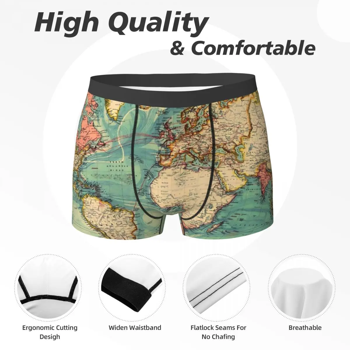 Celana dalam pria peta dunia, celana dalam pendek pria 1883, peta Vintage, celana dalam bersirkulasi udara, motif panas