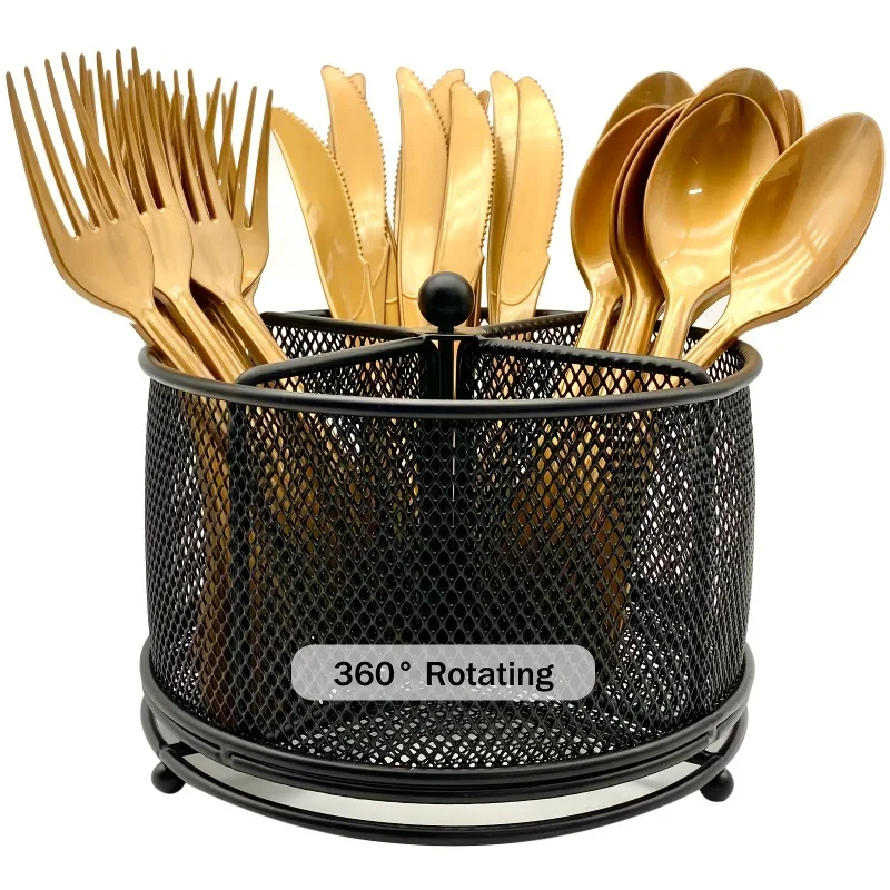 360-degree Rotating Metal Cutlery Holder with 4 Compartments for Forks, Spoons, and Napkins; Ideal for Parties and Camping.
