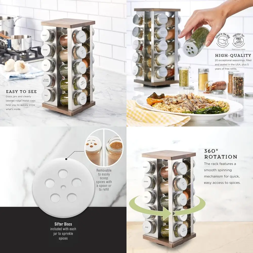 

Vintage 20-Jar Spice Rack Organizer with Free Refills, Wooden & Stainless Steel, Metal Caps Included
