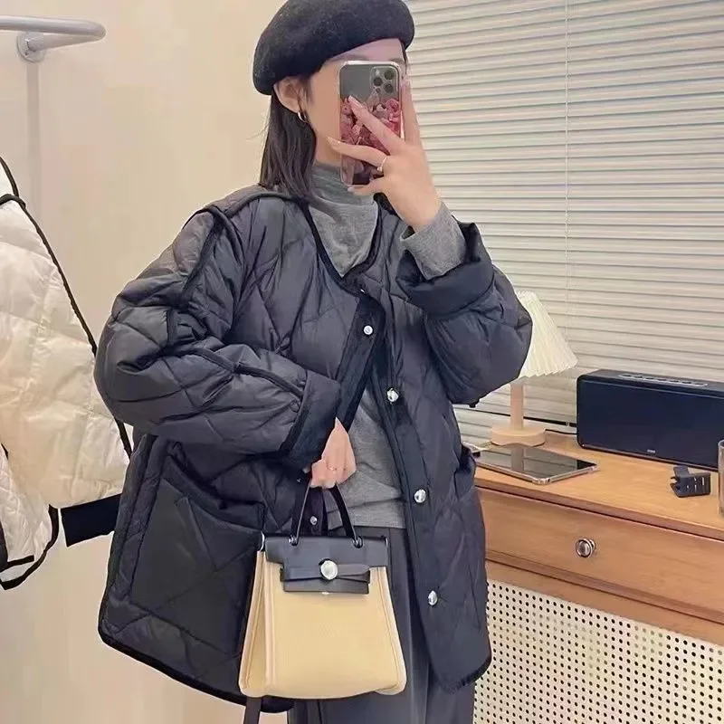 Winter New Fashion Down Cotton Jacket Women Studded V-Neck Warm Bread Outwear Grey Black Cotton-Padded Jackets Coat Female