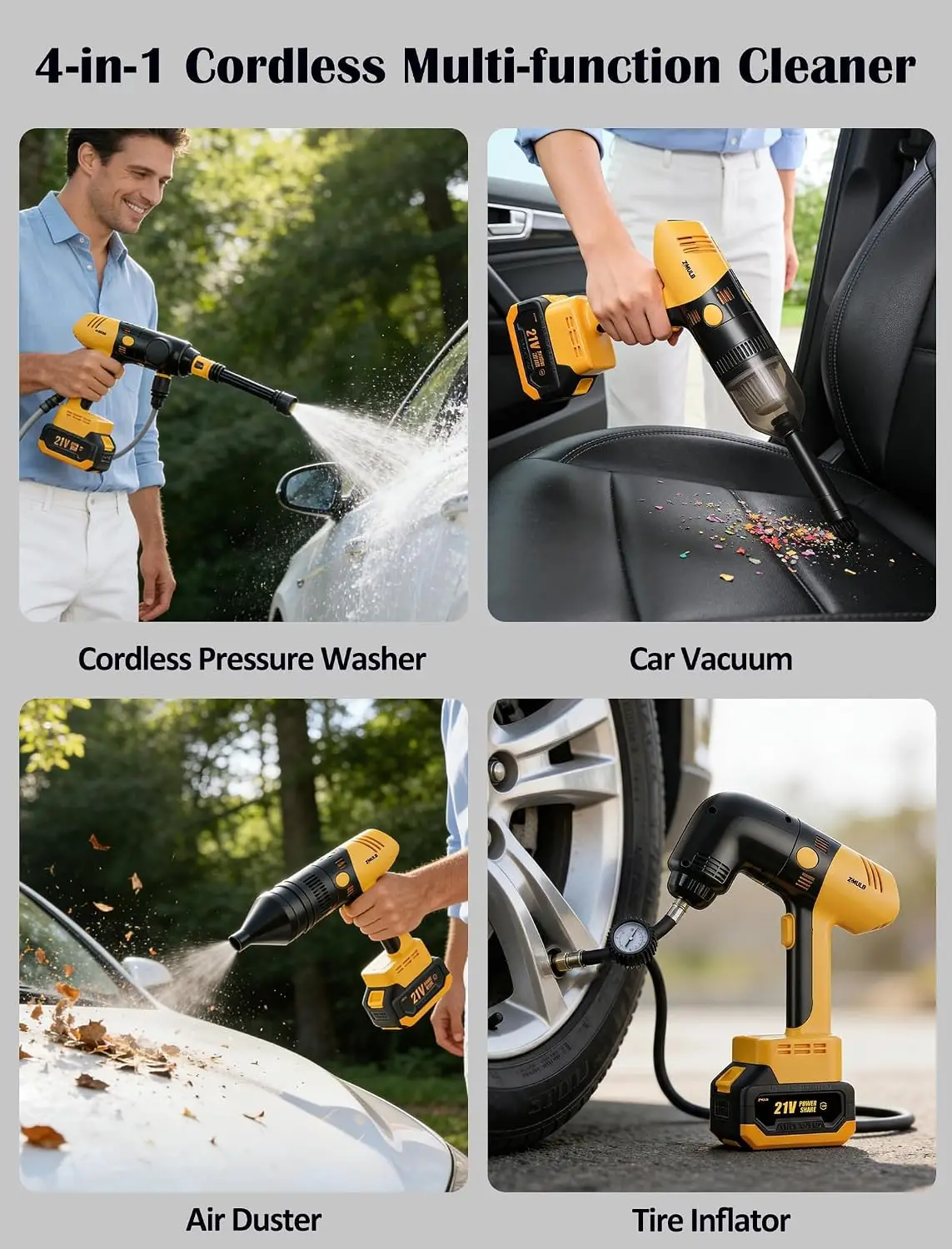 4-in-1 Cordless Cleaning Kit – Portable Car Washer, Vacuum, Leaf Blower & Tire Inflator for Outdoor, Camping, RV & Home