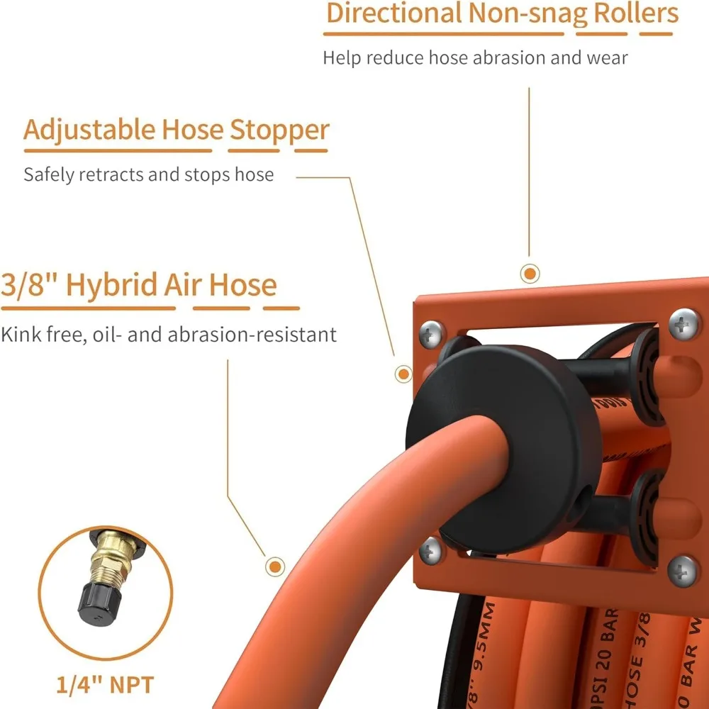 Carretel de mangueira retrátil com suporte giratório Compressor de ar industrial, 300PSI, 3/8 "X 50 Ft híbrido
