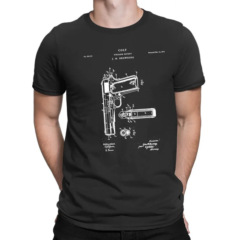 Colt 1911 pistola semiautomática Colt 45 patente arte impresión pistola camiseta pistola entusiasta personalidad desconstruida Tops