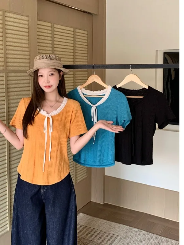 

plus Size Women's T-Shirt V-Neck Splice Belt Short Sleeve High Waist Fashionable Summer Top Korean Style Skin-Friendly Breath...