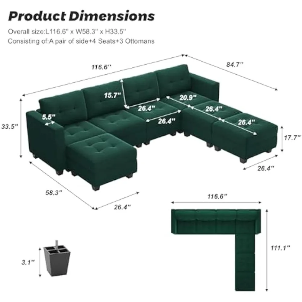 U-Shaped Modular Sectional Sofa with Storage Seats, 7 Seats Adjustable Backrest Sleeper Couch with Reversible Chaise