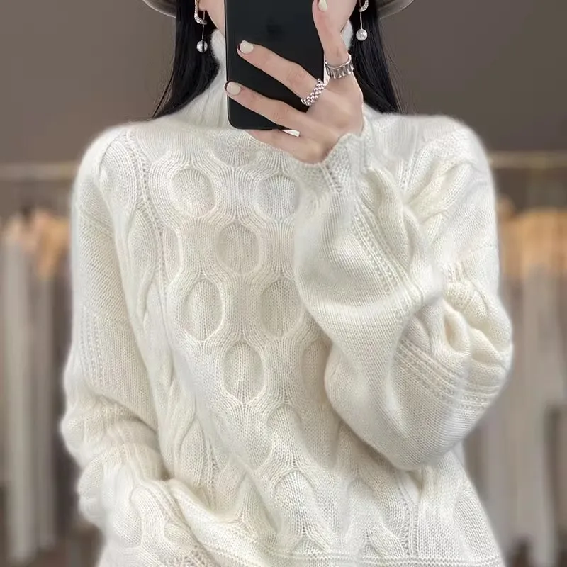 

Causal Autumn Winter Thicken Twist Cashmere Wool Sweater Women Ruffles Turtleneck Knit Pullover Long Sleeve Loose Knitwear X480