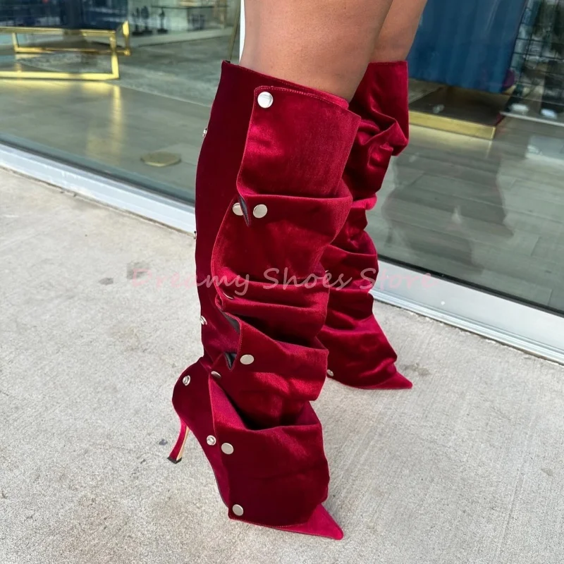 

Pink Suede Rivet Pointed Knee High Boots Women Pleated Turned-Over Edge Stiletto Ankle Boots Fashion Luxury Party Banquet Shoes