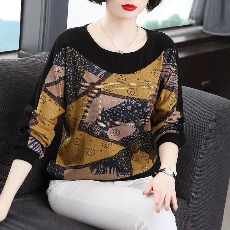 Spring Autumn Female Fashion Loose Patchwork Printing T-shirt Women\'s Clothing All-match Vintage Long Sleeve Round Neck Tops