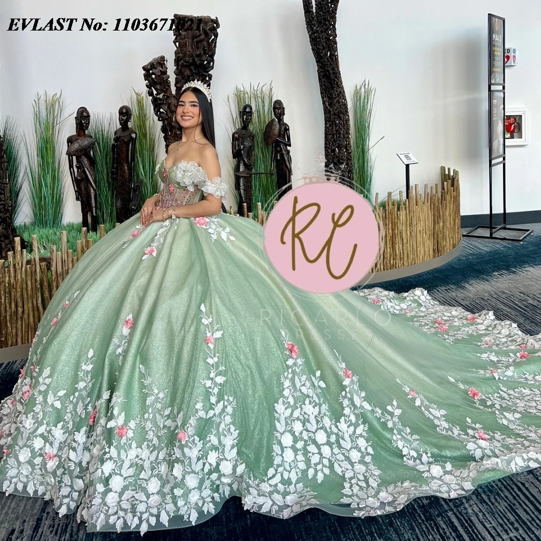 EVLAST Customized Mint Green Quinceanera Dress Ball Gown 3D Flowers Lace Applique Beading Corset Sweet 16 Vestidos De Anos SQ355