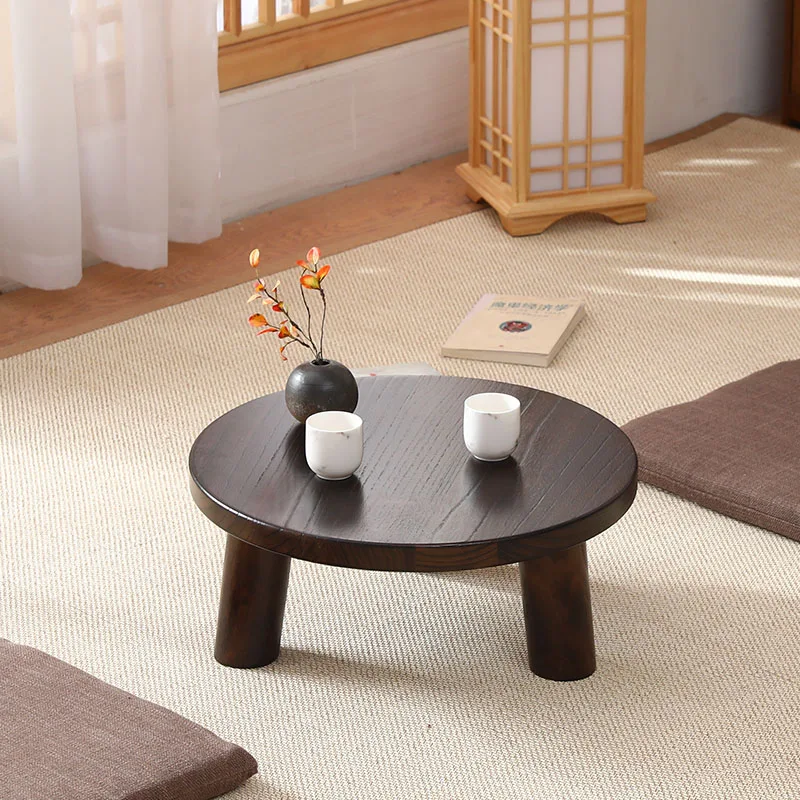 Japanese bay window table, small coffee table, burning paulownia kang table, Zen small round table, antique solid wood short