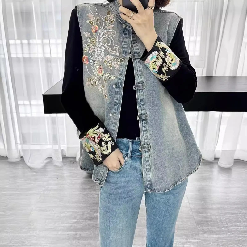 Denim Coats Women Vests Coat Round Neck Sleeveless Y2k Streetwear Jeans Jackets Work Casual Embroidery Splice Vest Jacket 2025