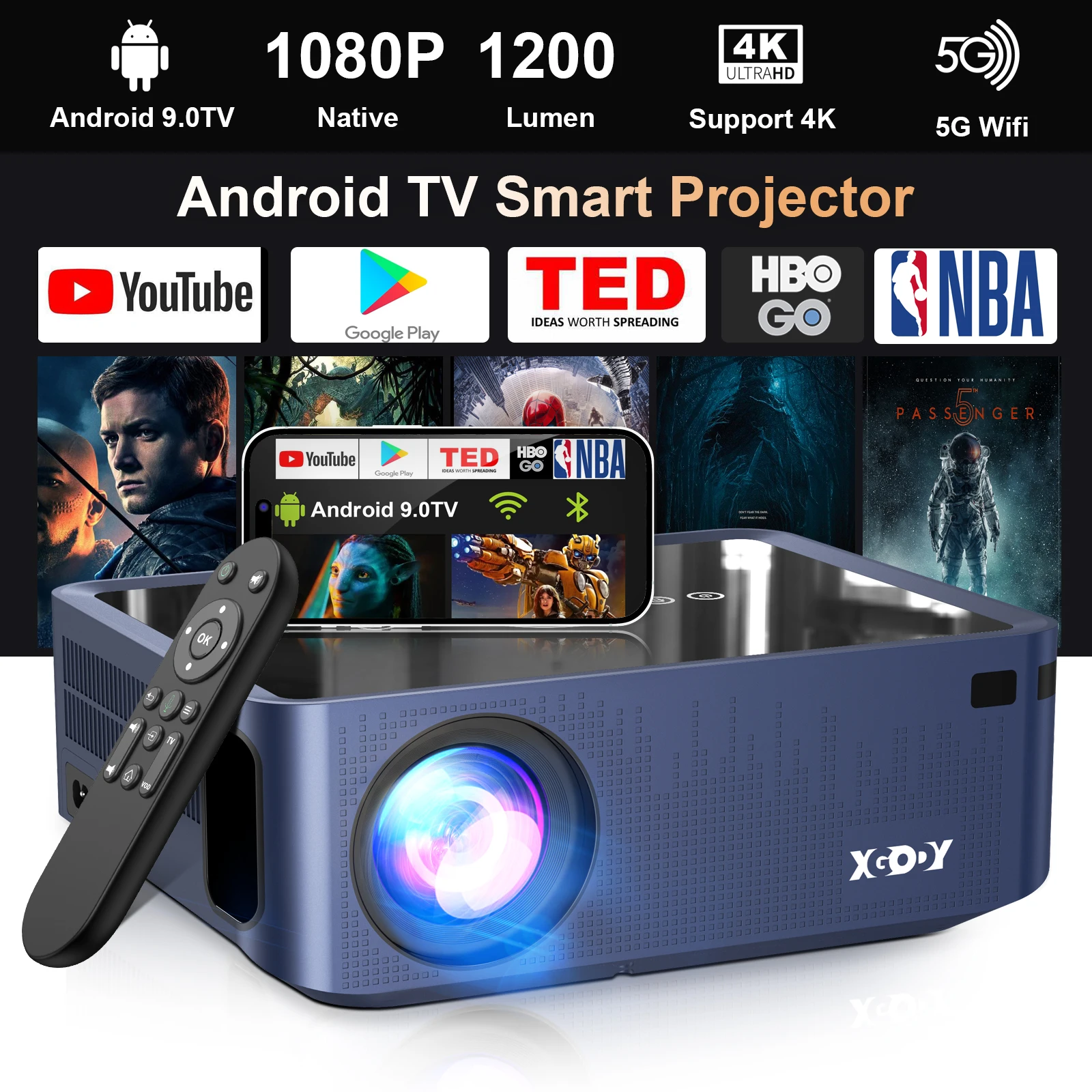 Smart Projector Android 1080P 4K 5G WiFi Outdoor Home Cinema Multimedia Player Bundle 12000 ANSI HDMI