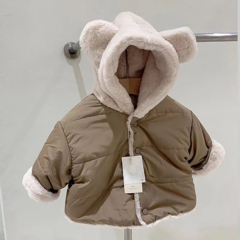 Ins Korean Baby Coat Neutral Thickened Solid Color Coat 2023 Winter Warm Hooded Boy's Jacket Girl's Casual Bear Coat