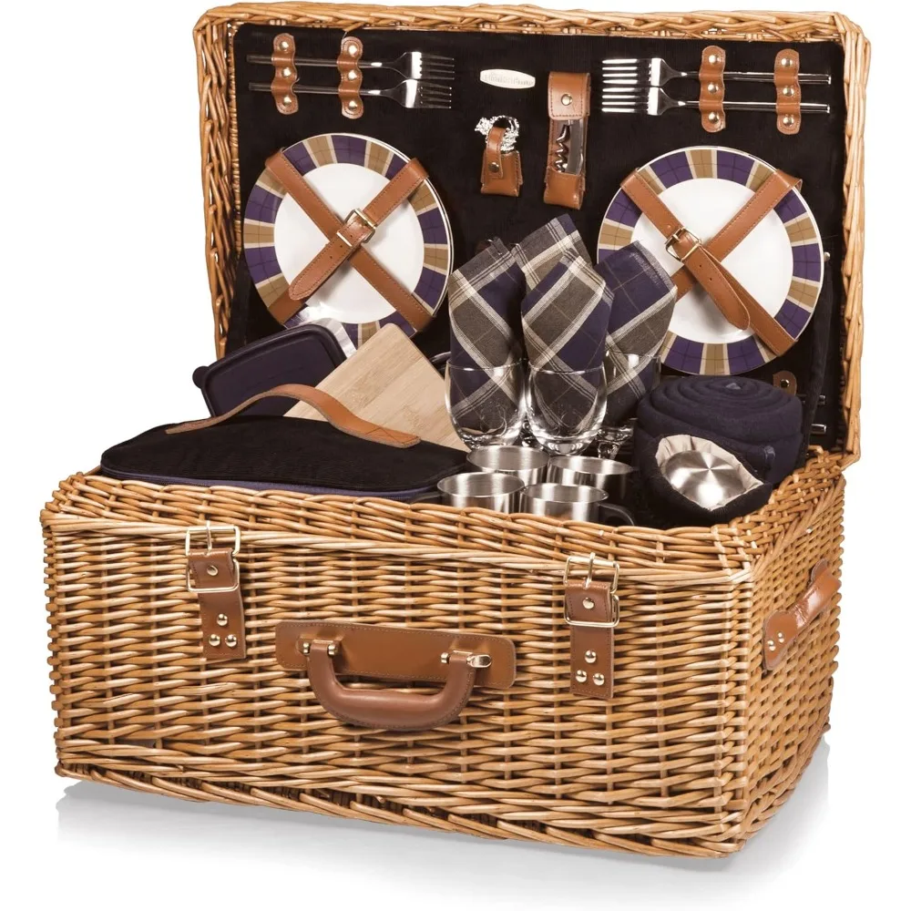 Windsor Luxury Wicker Picnic Basket, Deluxe Set for 4, Navy Blue