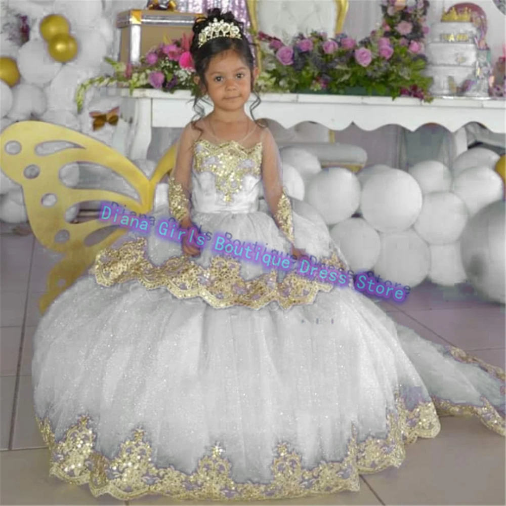 Colore personalizzato splendido vestito da ragazza di fiori Tulle abiti da sposa soffici stampa in oro abiti da sera per feste di compleanno per bambine