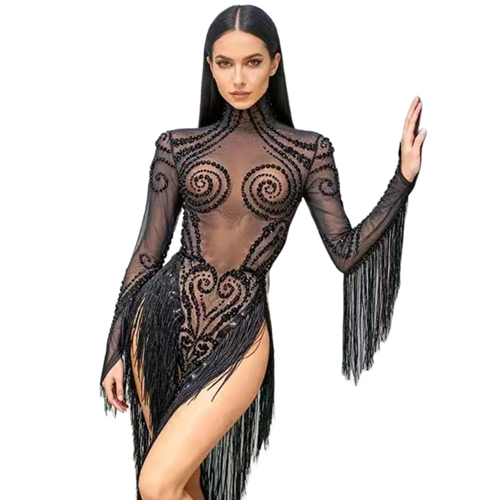 

Sexy See Through Tassel Crystal Party Bodysuits Women Club Festival Outfit Pole Dance Jumpsuit Stripper Show Performance Costume