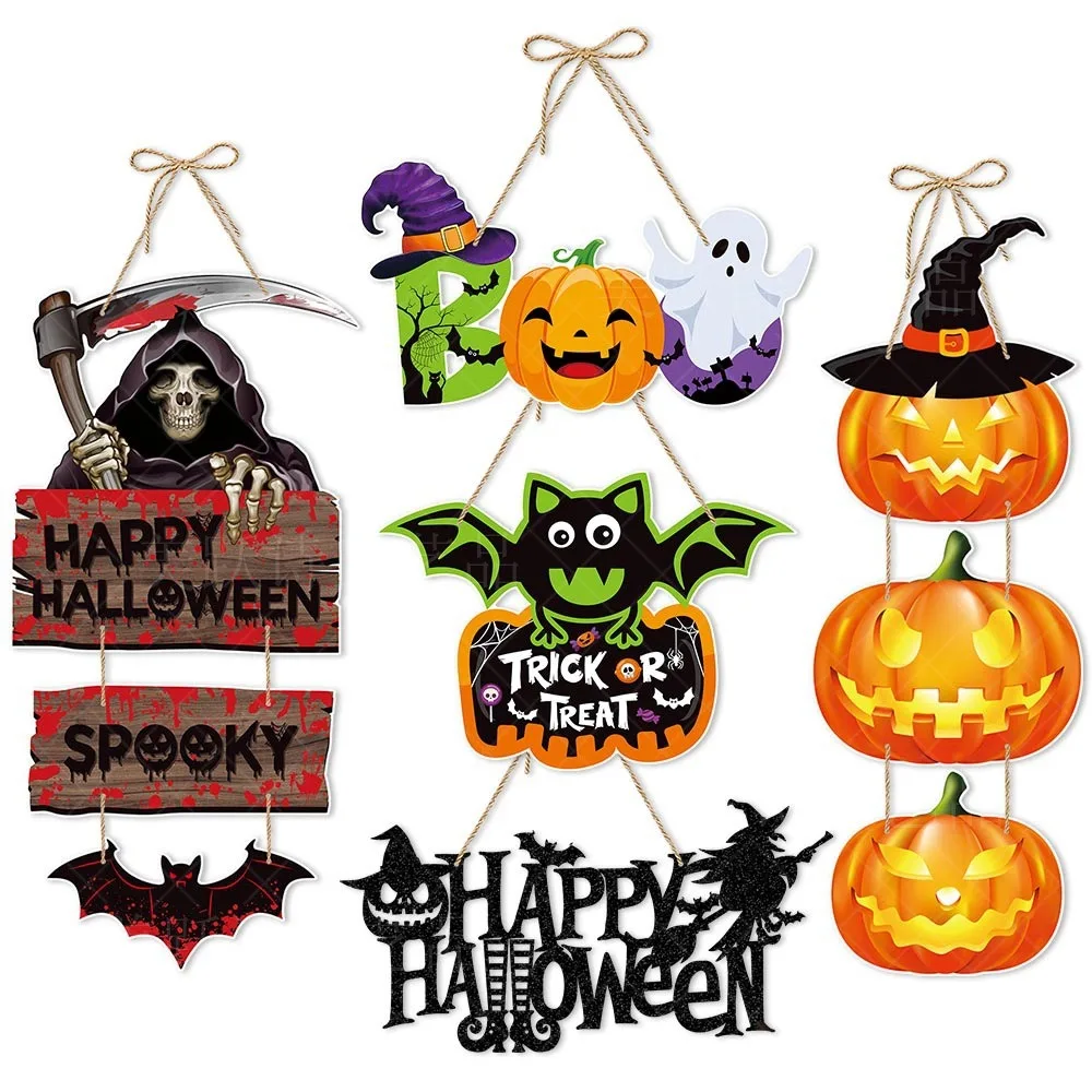 Halloween Türhänger-Dekoration, Kürbis-Geist-Fledermaus-Sensenmann Hängeornamente für Haustür Veranda Heim-Party-Deko