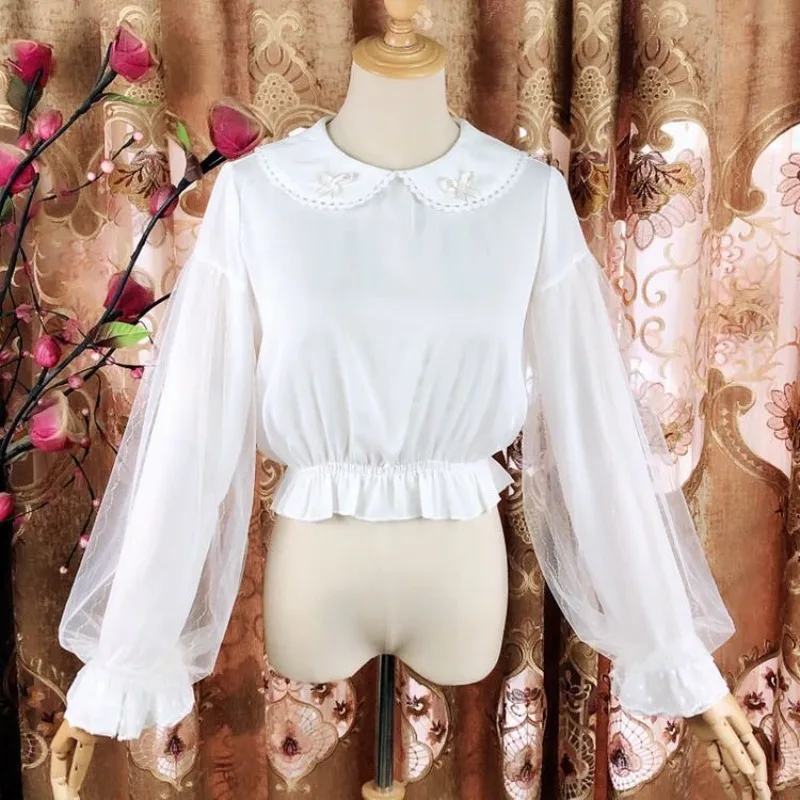 

Japanese Lolita Shirts Lace Bow Patchwork Solid Color Peter Pan Collar Flare Sleeve Blouses Design All Match 2025 Women Clothing