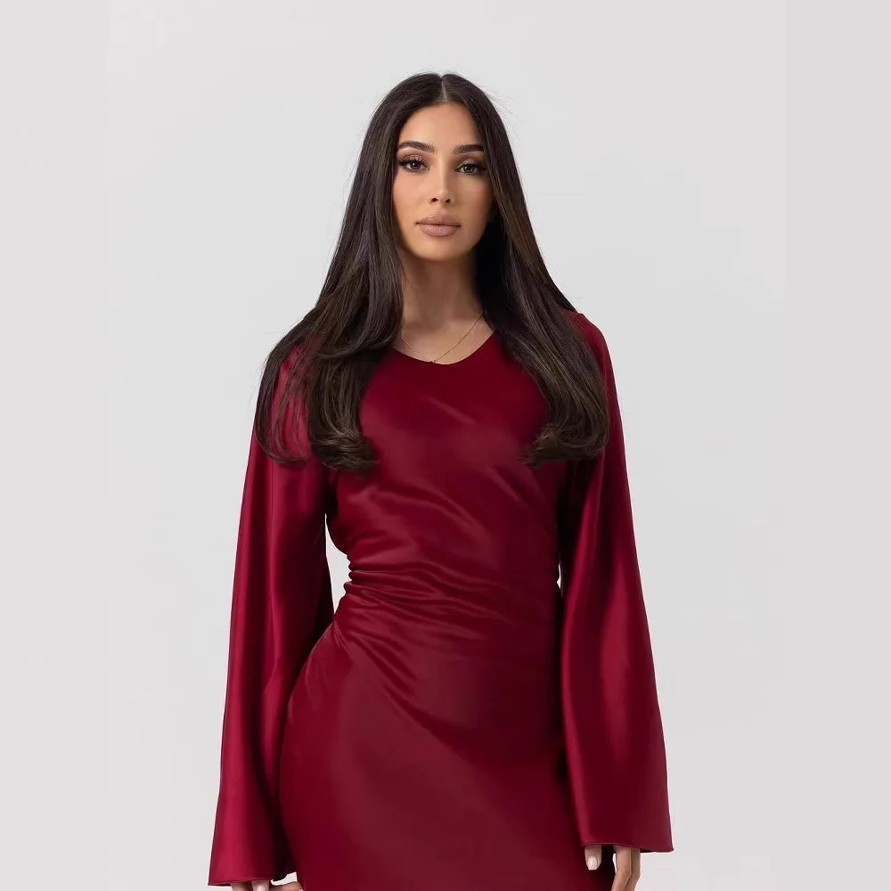 

2025 New Satin Women Abaya Back Lace Up Maxi Dress Tie Waist Modest Dresses Muslim Party Gown Dubai Kaftan Islam Jalabiya Robe