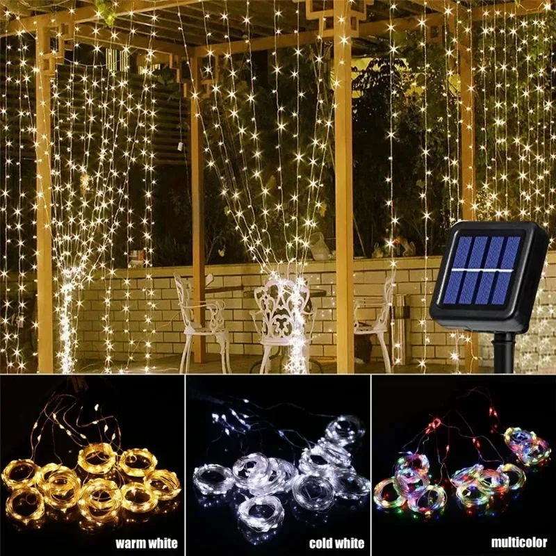 Guirnalda de cortina LED Solar de 3x3M en la ventana, luces de hadas impermeables para exteriores, 8 modos de iluminación para decoración navideña de festivales