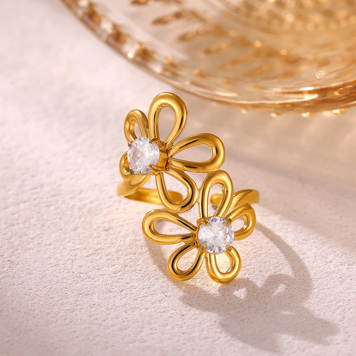 Stainless Steel Hollow Flower Zircon Rings for Women Sweet Irregular Daisy Geometric Open Ring Trendy Charm Jewelry Gift view 6