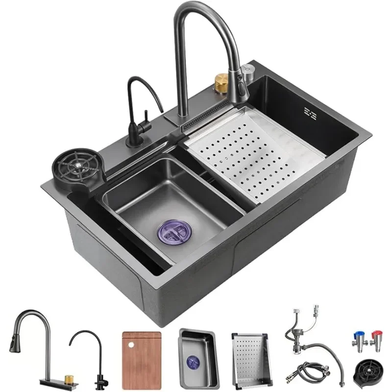 Black Nano Kitchen Sink 304 Stainless Steel Waterfall  Single Bowl Workstation  With Multifunctional