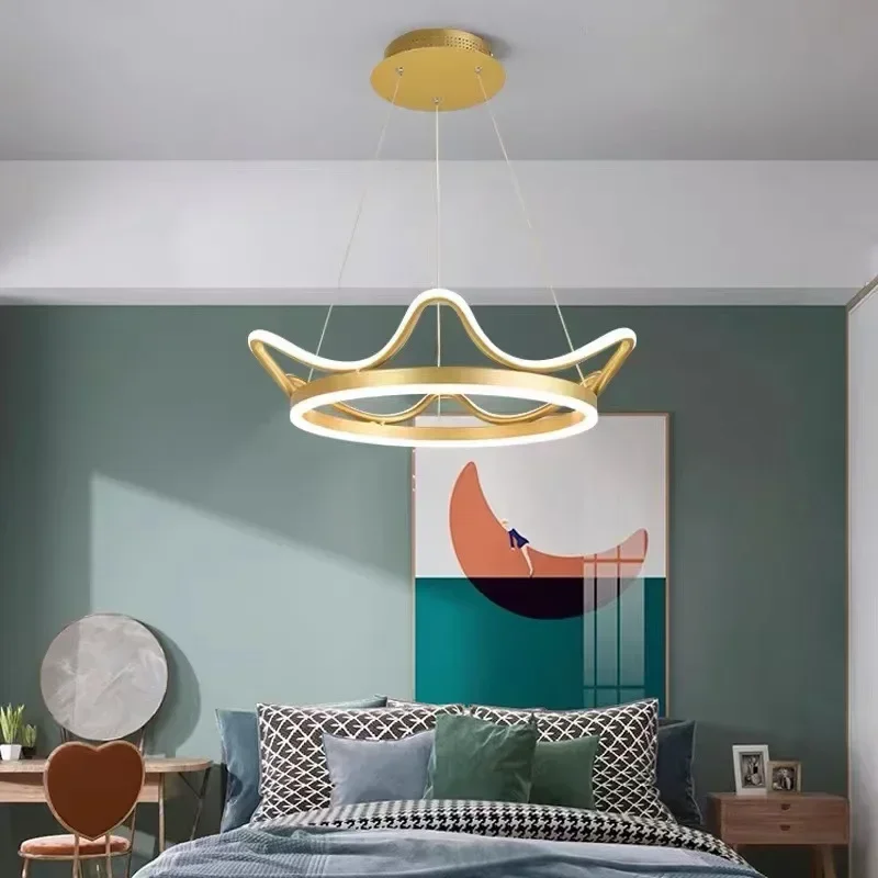 Modern Minimalista Crown Chandelier, Princess LED Lâmpadas Pingente, Decoração de Iluminação Infantil Criativa, Sala de Estar e Quarto