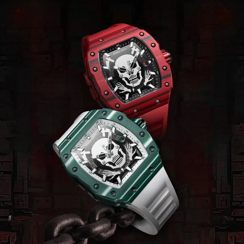 

BONEST GATTI Мужские автоматические часы 44 мм Tonneau Механические наручные часы из углеродного волокна Светящийся скелет Череп Циферблат Сапфировое зеркало