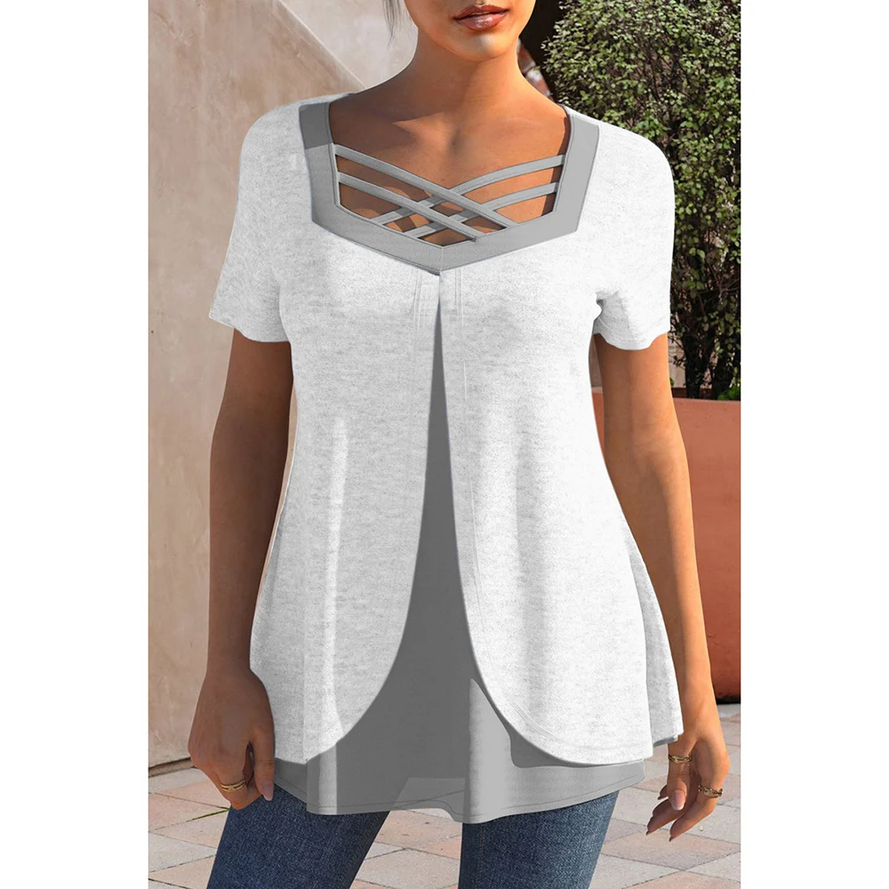 Plus Size Casual Women's Shirt with Cross Straps 3/4 Sleeves Breathable Lightweight Summer Fashion T-shirt Women's Short-sleeved