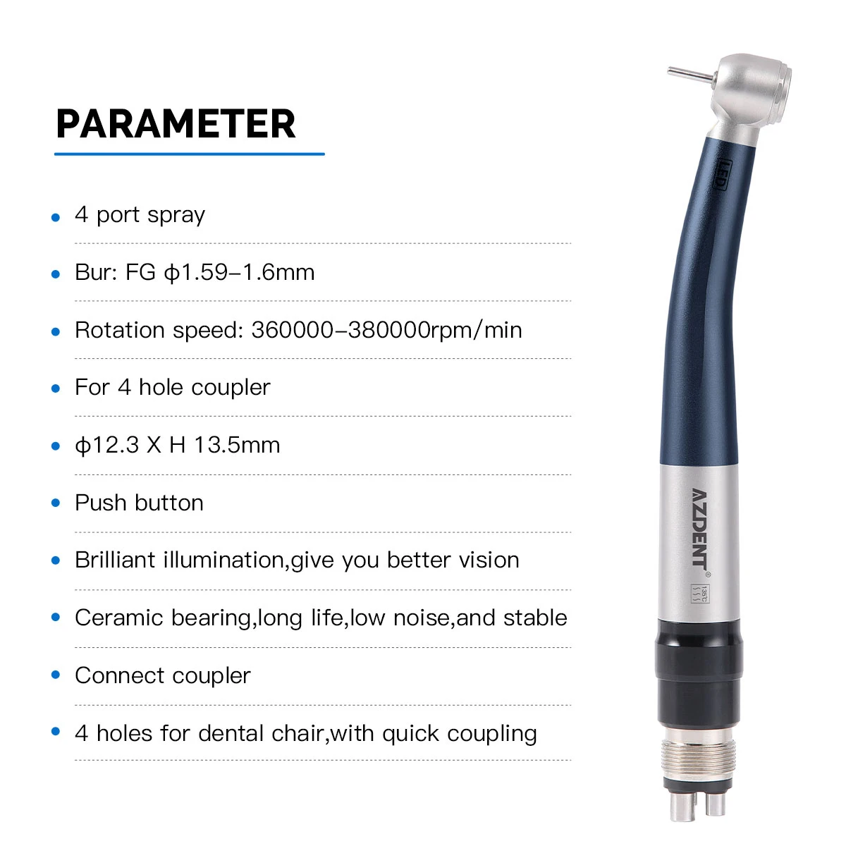 Azdent Dental LED Hochgeschwindigkeits-Handstück mit E-Generator und Schnellkupplung, Zahnmedizinprodukte, Hochrotierender Dental-LED-Stift – Detail 8