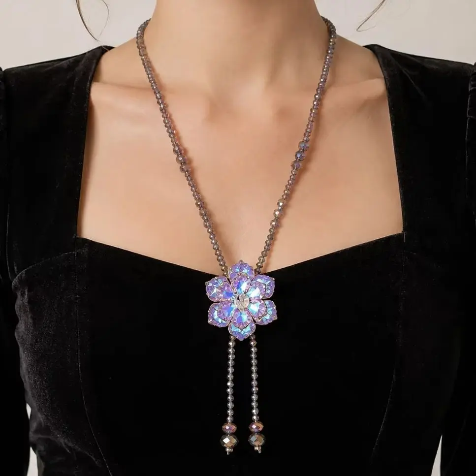 Purple Crystal Flower Long Necklace for Women, Lucky Charm Lariat Beaded Necklace Good Fortune Statement Jewelry Party Gift