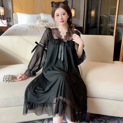 2024 Spring Sweet Lace Princess Long Sleeve Cotton Nightgowns for Women Korean Cute Sleepwear Night Dress Nightdress Home Nighty