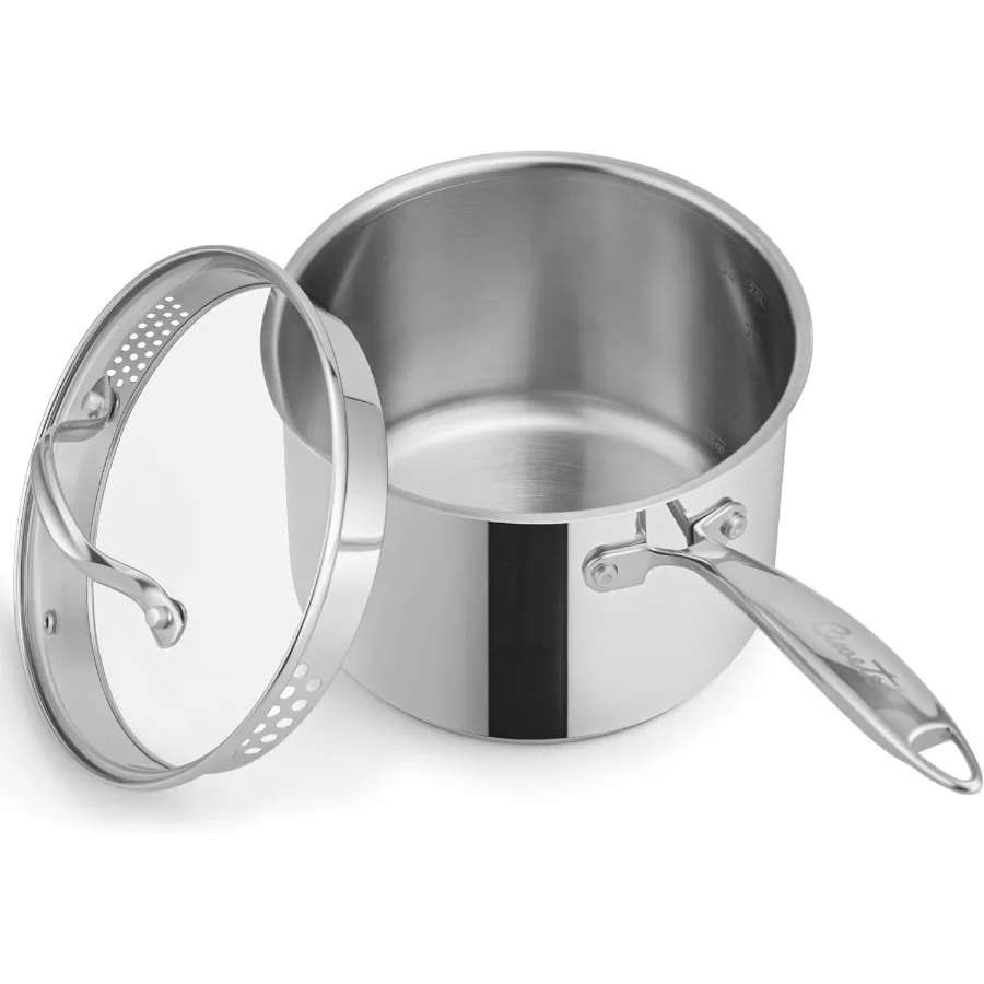 

3 Qt Stainless Steel Saucepan with Glass Strainer Lid for Efficient Cooking and Serving Features Pour Spout Mirror Polishing Fi