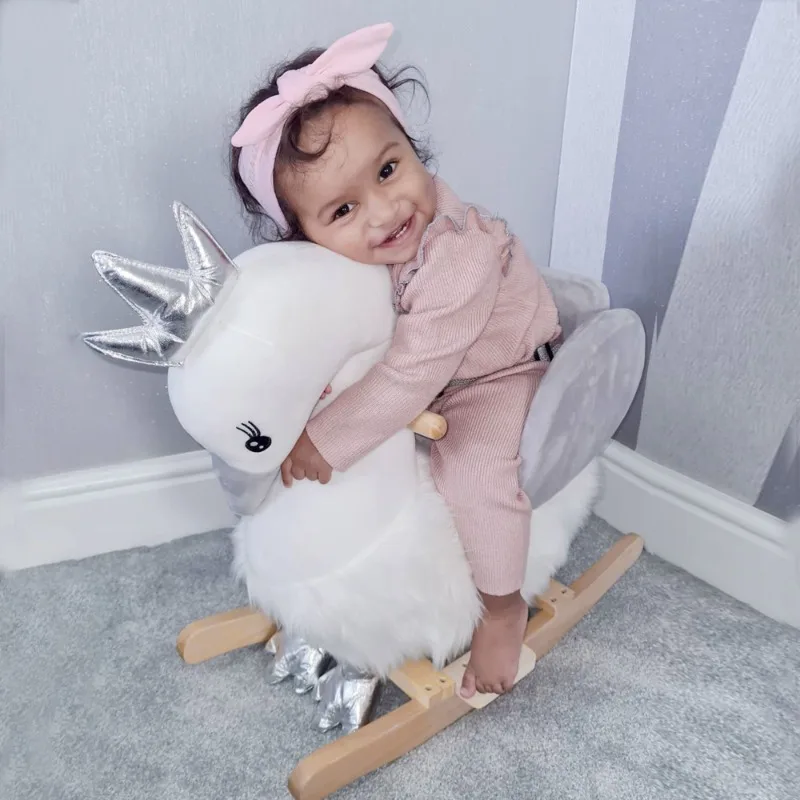 Rocking Horse, Kids Ride on Horse Swan Rocker with Sound, Plush Seat, Wooden Base, Safety Belt, for Toddlers 18-36 months, White