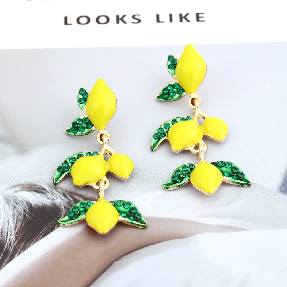 New fresh with alloy oil drop diamond lemon earrings with exaggerated holiday style enamel fruit earrings