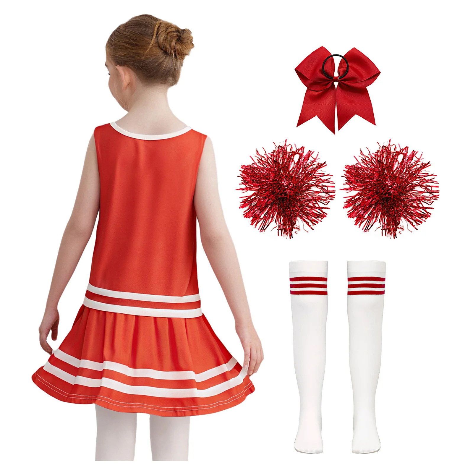 Cheer Leader-Kostüm für Mädchen, Uniform-Set, ärmellose Oberteile mit Rundhalsausschnitt, Faltenrock und Haargummis, Stirnband, Blumenkugeln, Socken