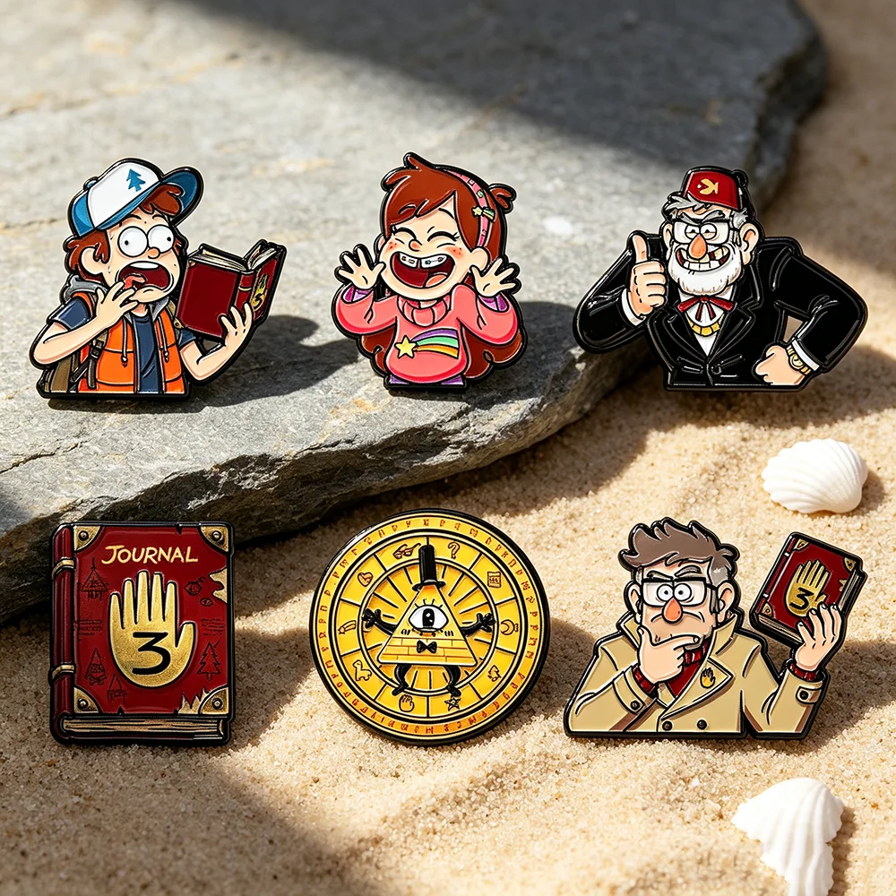 6-teiliges Gravity Falls Emaille-Pin-Set, Cartoon-Charakter-Reversnadeln, Journal Book & Bill Cipher Broschen für Rucksäcke und Kleidung – Detail 6