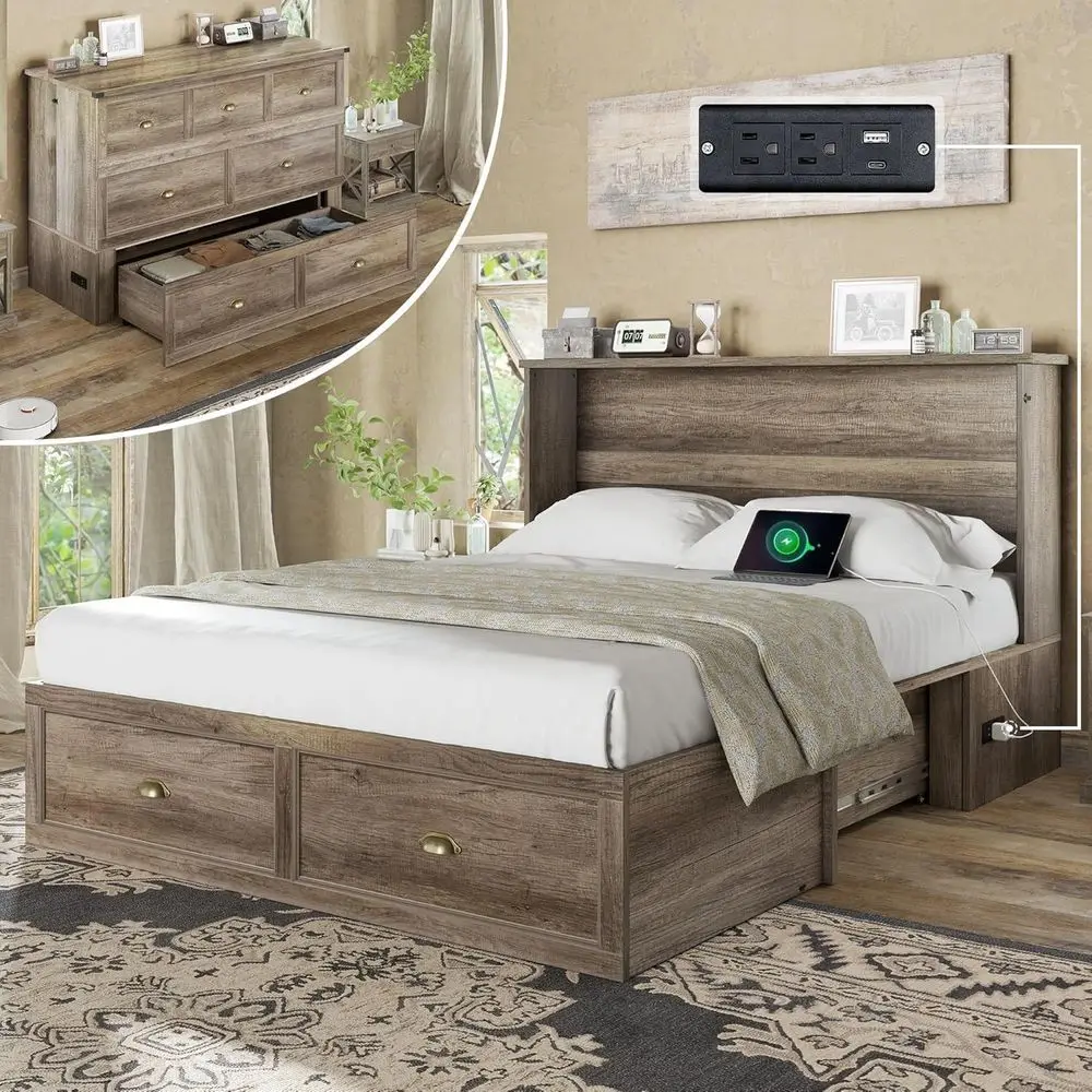 

Queen Size Grey Oak Murphy Bed with Armhouse Cabinet, Charging Station, and Storage for Bedroom, Office, or Guest Room