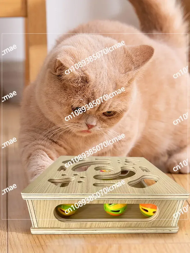 Cat Toy Maze Box  Bell Solid Wood Self-improvement Toy Puzzle Game  Track Ball Cat Scratching Board