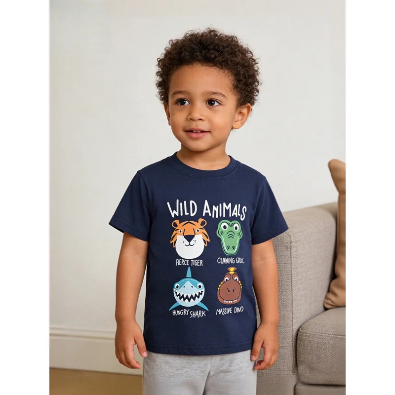 

Summer New3-8Short-sleeved shirt 1-year-old childrenTCartoon Animal Print Crew Neck-Shirt